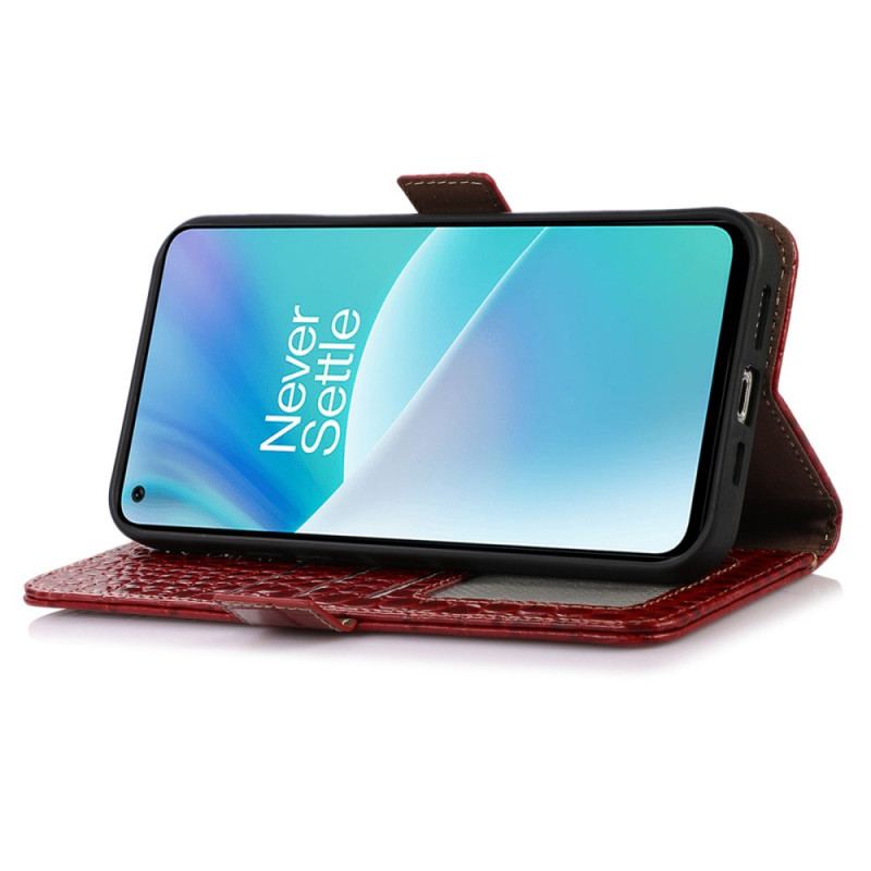 Capa Flip Para OnePlus Nord 2T 5G Couro Genuíno Estilo Crocodilo Rfid