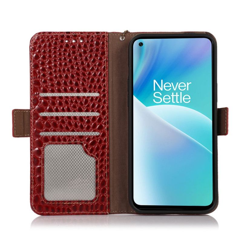 Capa Flip Para OnePlus Nord 2T 5G Couro Genuíno Estilo Crocodilo Rfid