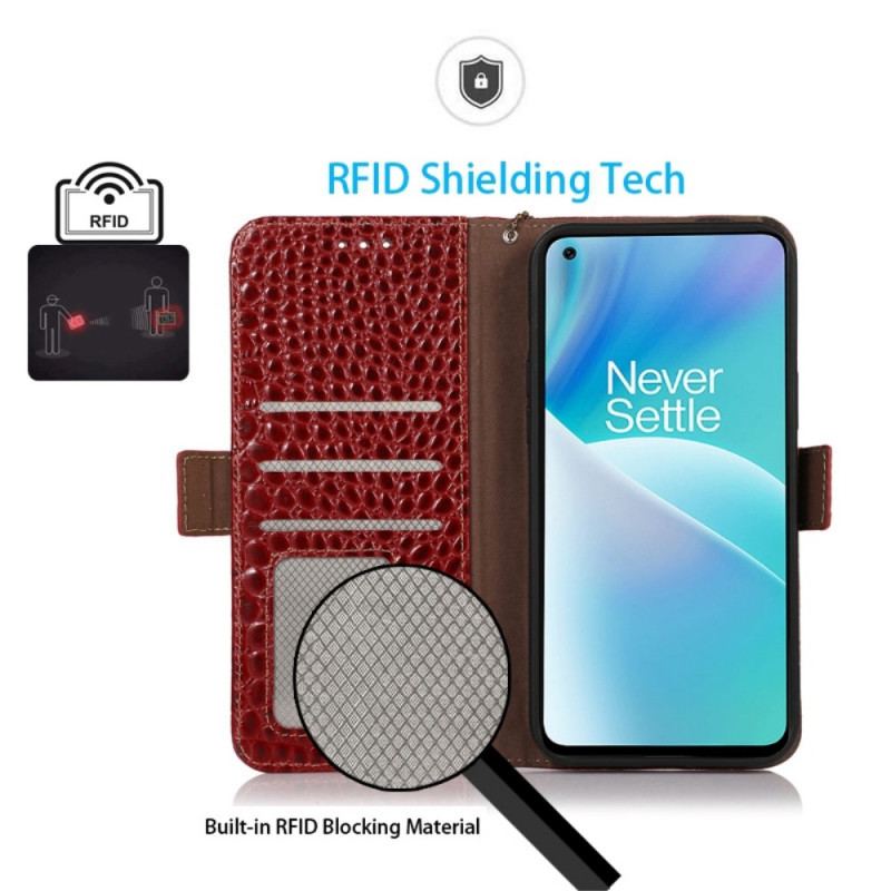 Capa Flip Para OnePlus Nord 2T 5G Couro Genuíno Estilo Crocodilo Rfid