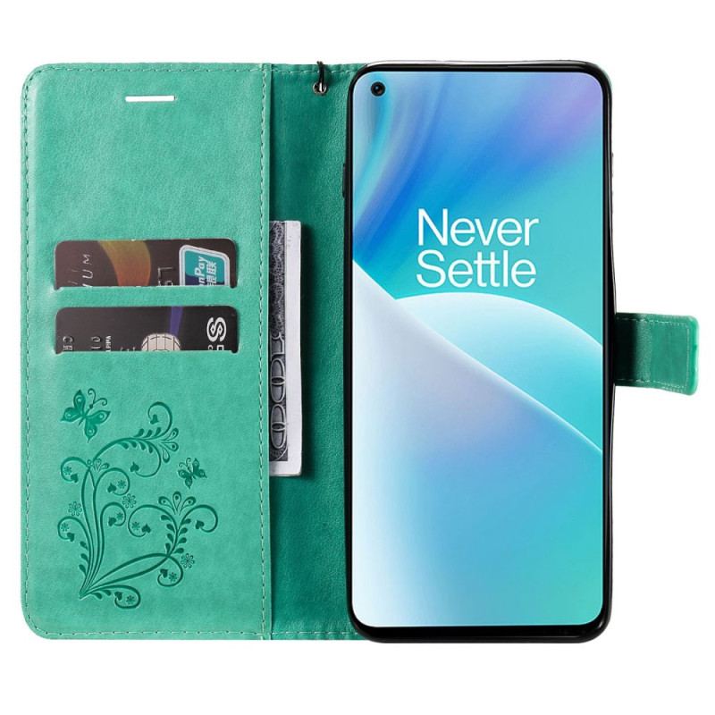 Capa Folio Para OnePlus Nord 2T 5G De Cordão Borboletas Com Porta-cartões Lanyard