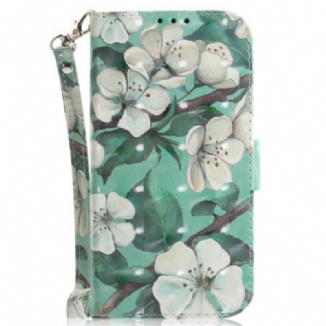 Capa Folio Para OnePlus Nord 2T 5G De Cordão Flores Brancas Com Tiras