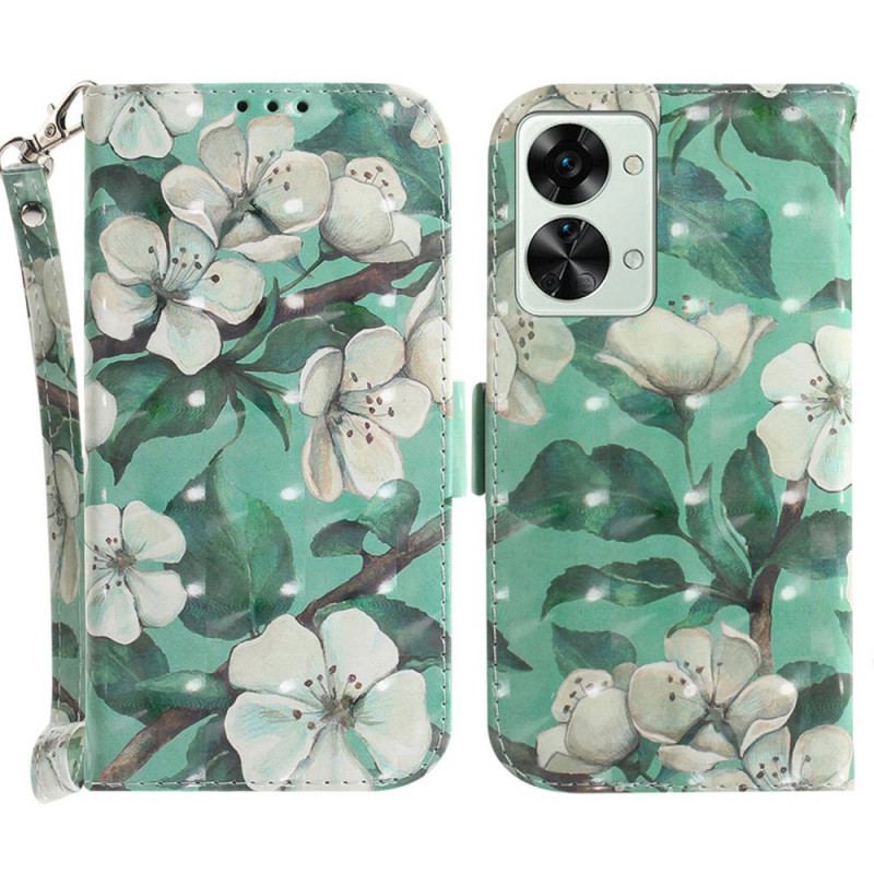 Capa Folio Para OnePlus Nord 2T 5G De Cordão Flores Brancas Com Tiras