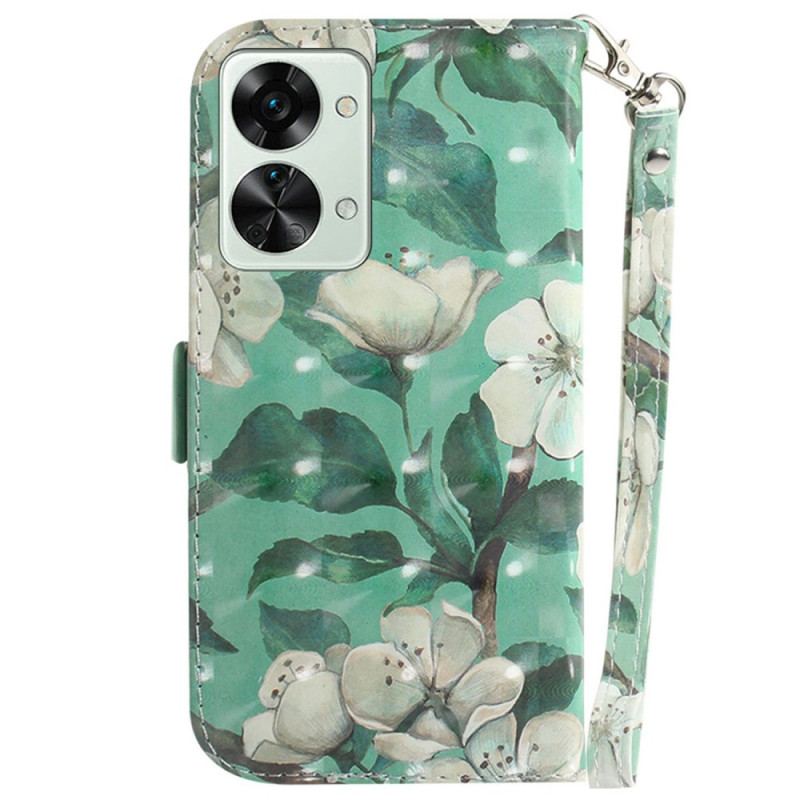 Capa Folio Para OnePlus Nord 2T 5G De Cordão Flores Brancas Com Tiras