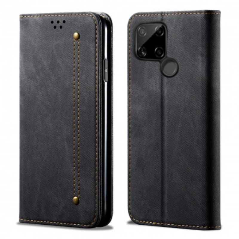 Capa De Celular Para Realme C21 Flip Textura De Jeans De Couro Sintético