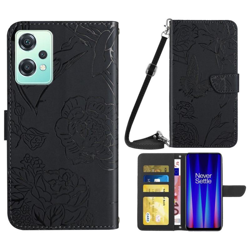 Capa Flip Para OnePlus Nord CE 2 Lite 5G Borboletas E Alça De Ombro