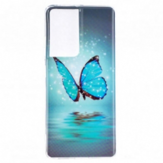 Capa De Celular Para Samsung Galaxy S21 Ultra 5G Borboleta Azul Fluorescente