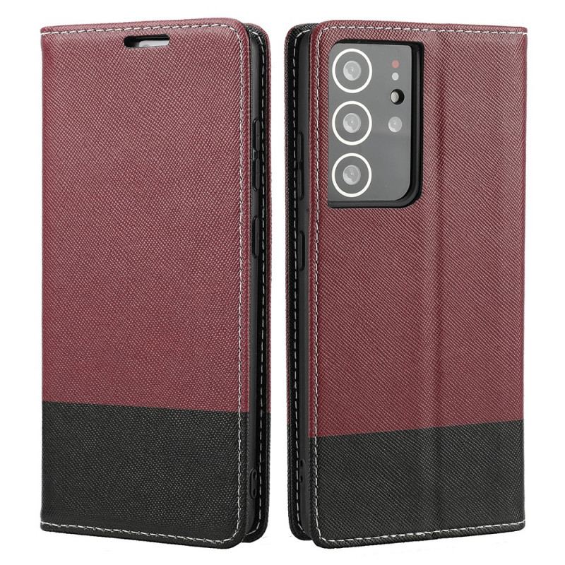 Capa De Celular Para Samsung Galaxy S21 Ultra 5G Flip Couro Sintético Texturizado Em Dois Tons