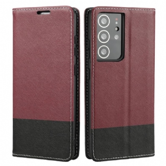 Capa De Celular Para Samsung Galaxy S21 Ultra 5G Flip Couro Sintético Texturizado Em Dois Tons