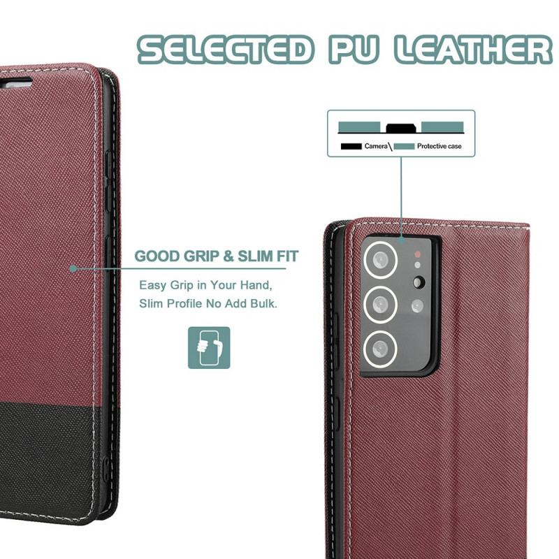 Capa De Celular Para Samsung Galaxy S21 Ultra 5G Flip Couro Sintético Texturizado Em Dois Tons