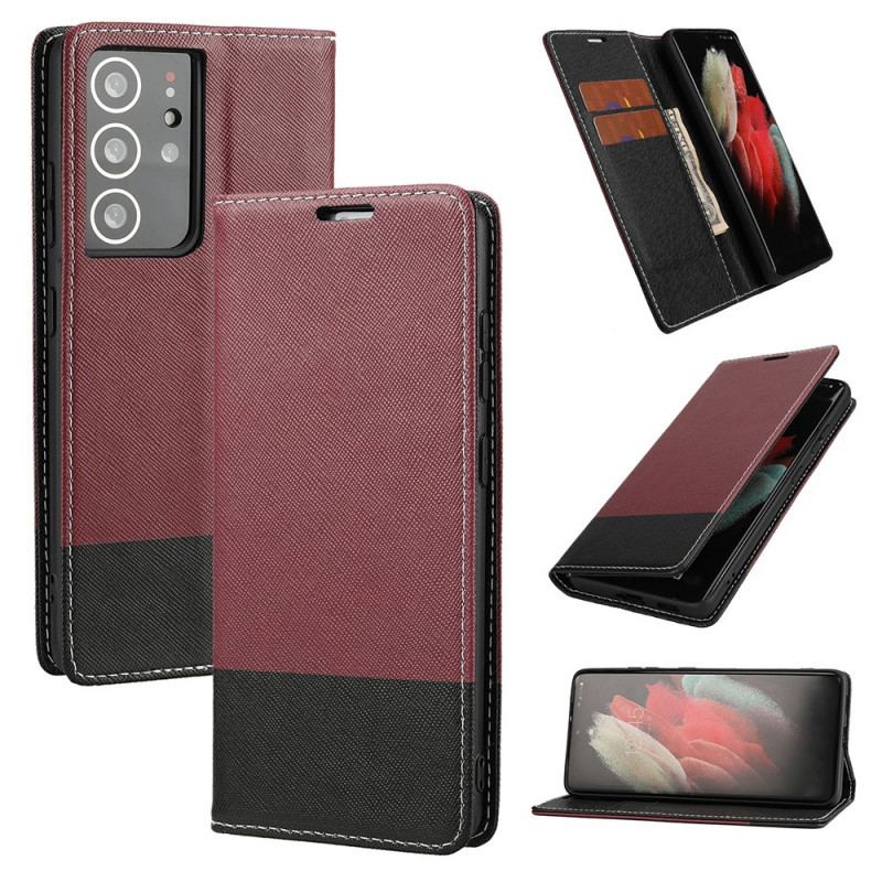 Capa De Celular Para Samsung Galaxy S21 Ultra 5G Flip Couro Sintético Texturizado Em Dois Tons