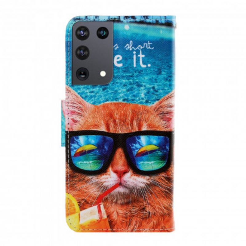 Capa De Couro Para Samsung Galaxy S21 Ultra 5G De Cordão Cat Live It Strappy