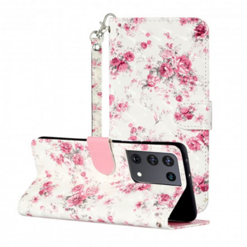 Capa De Couro Para Samsung Galaxy S21 Ultra 5G De Cordão Strap Light Spot Flowers