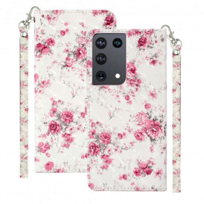 Capa De Couro Para Samsung Galaxy S21 Ultra 5G De Cordão Strap Light Spot Flowers