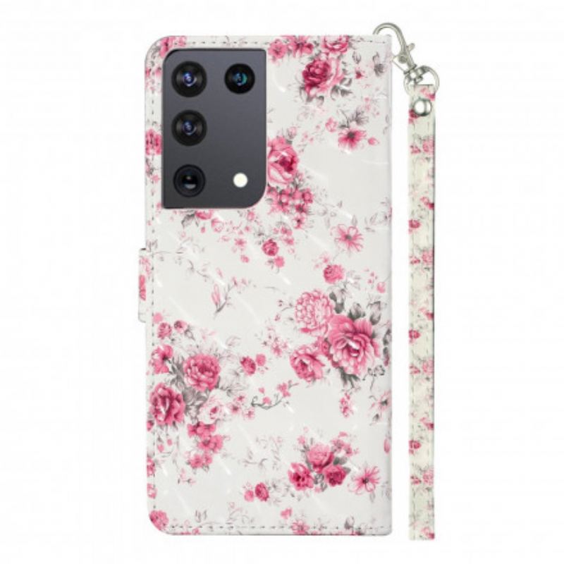 Capa De Couro Para Samsung Galaxy S21 Ultra 5G De Cordão Strap Light Spot Flowers