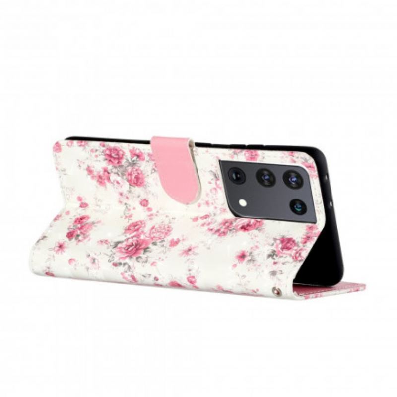 Capa De Couro Para Samsung Galaxy S21 Ultra 5G De Cordão Strap Light Spot Flowers