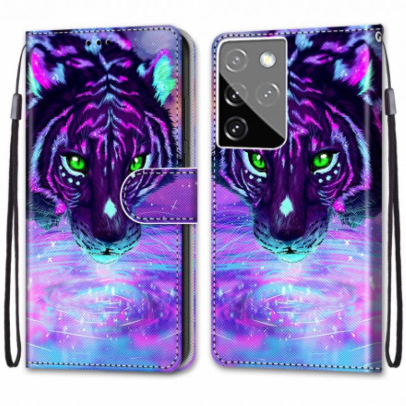 Capa De Couro Para Samsung Galaxy S21 Ultra 5G Felino Mágico