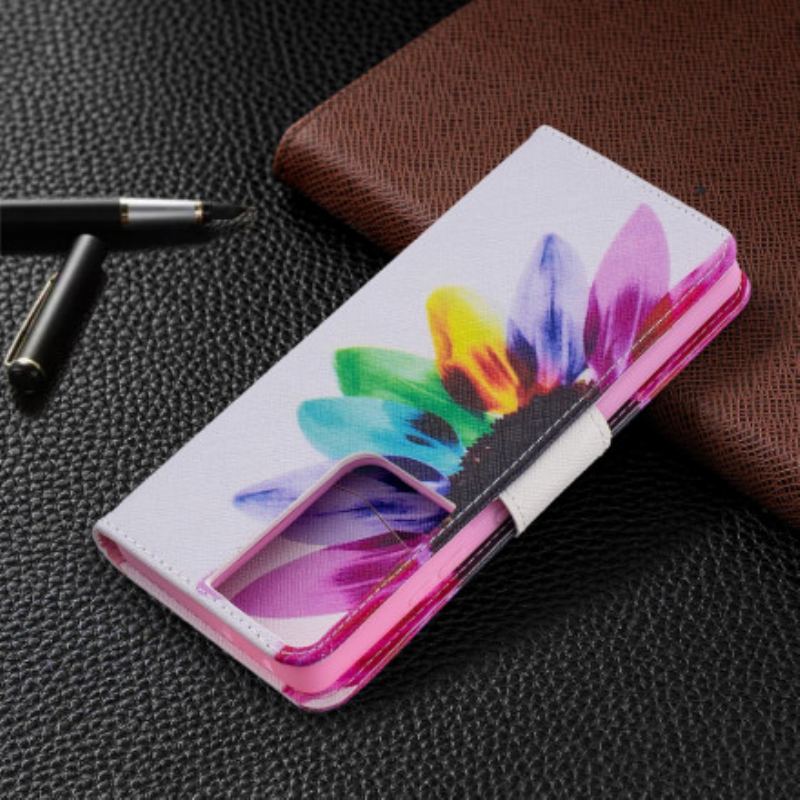 Capa De Couro Para Samsung Galaxy S21 Ultra 5G Flor Aquarela