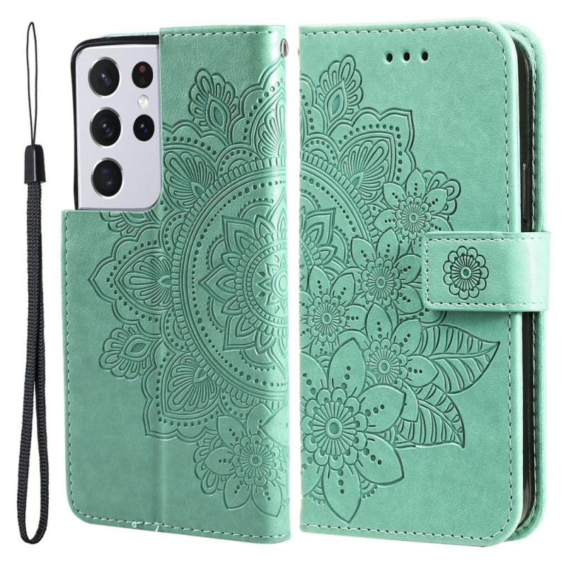 Capa De Couro Para Samsung Galaxy S21 Ultra 5G Flor Mandala