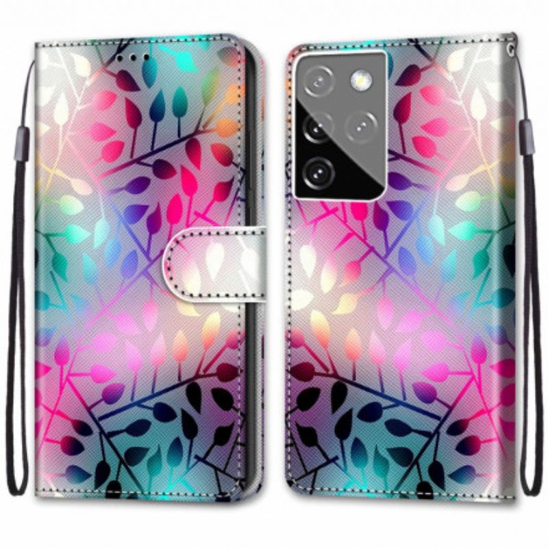 Capa De Couro Para Samsung Galaxy S21 Ultra 5G Folhas Neon