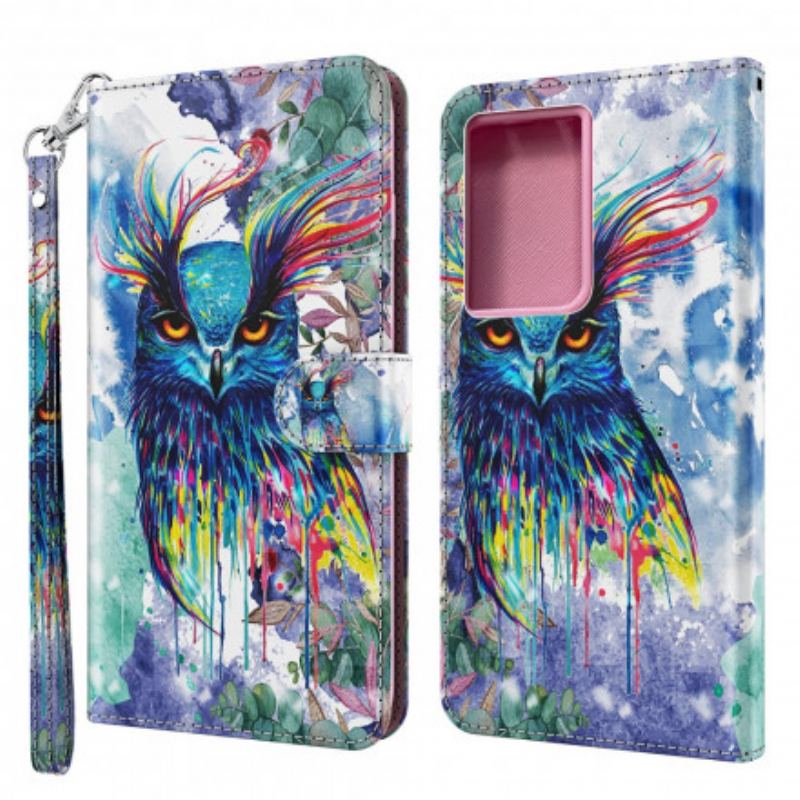 Capa De Couro Para Samsung Galaxy S21 Ultra 5G Pássaro Aquarela