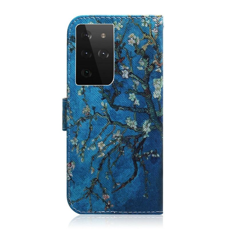 Capa De Couro Para Samsung Galaxy S21 Ultra 5G Ramo De Árvore Florido