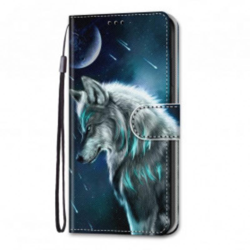 Capa Em Pele Para Samsung Galaxy S21 Ultra 5G Lobo Sob Uma Chuva De Estrelas