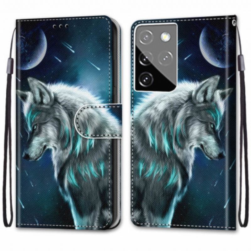 Capa Em Pele Para Samsung Galaxy S21 Ultra 5G Lobo Sob Uma Chuva De Estrelas