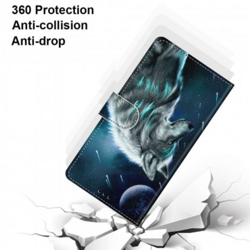 Capa Em Pele Para Samsung Galaxy S21 Ultra 5G Lobo Sob Uma Chuva De Estrelas