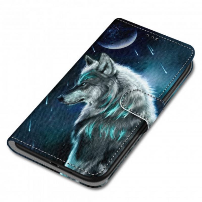 Capa Em Pele Para Samsung Galaxy S21 Ultra 5G Lobo Sob Uma Chuva De Estrelas