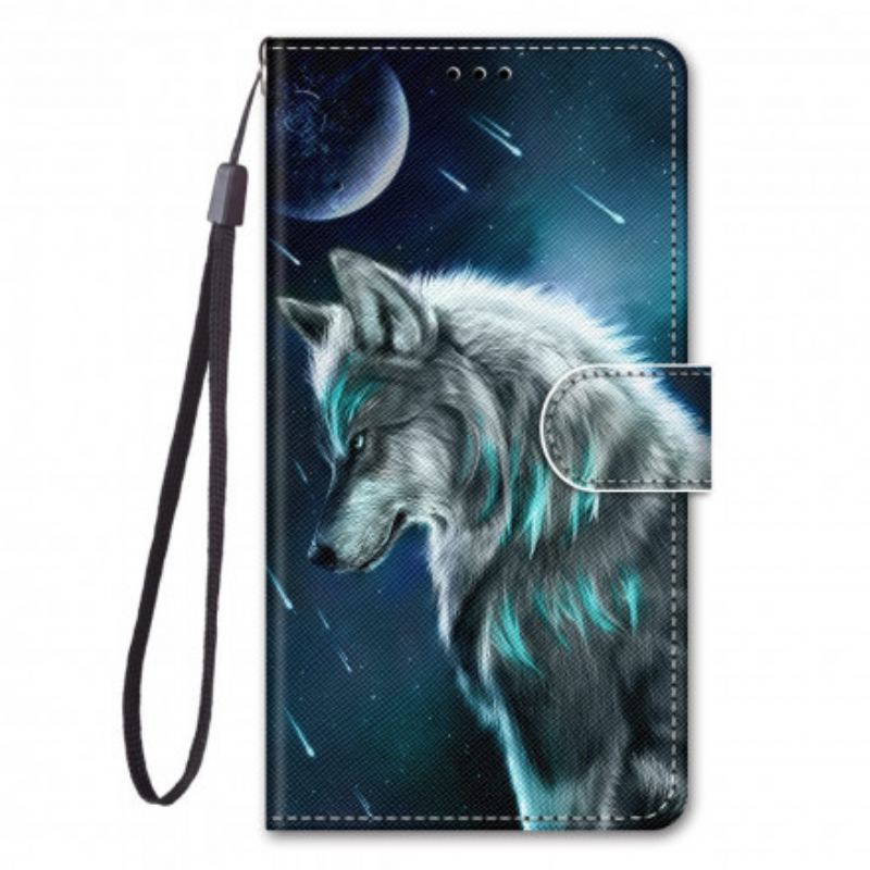 Capa Em Pele Para Samsung Galaxy S21 Ultra 5G Lobo Sob Uma Chuva De Estrelas