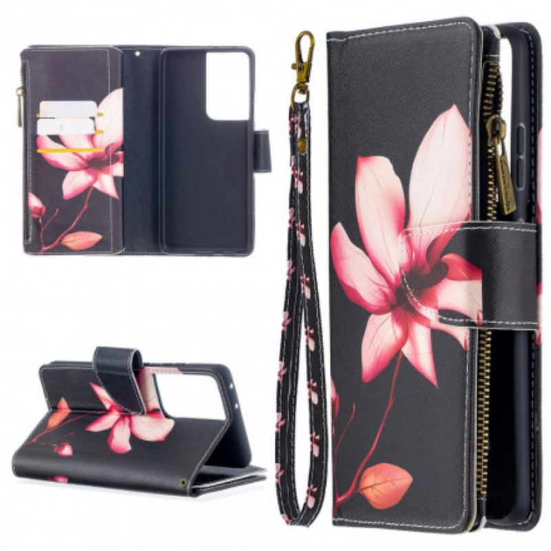 Capa Flip Para Samsung Galaxy S21 Ultra 5G Bolso Com Zíper Flor