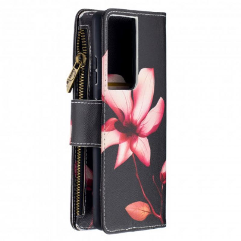 Capa Flip Para Samsung Galaxy S21 Ultra 5G Bolso Com Zíper Flor