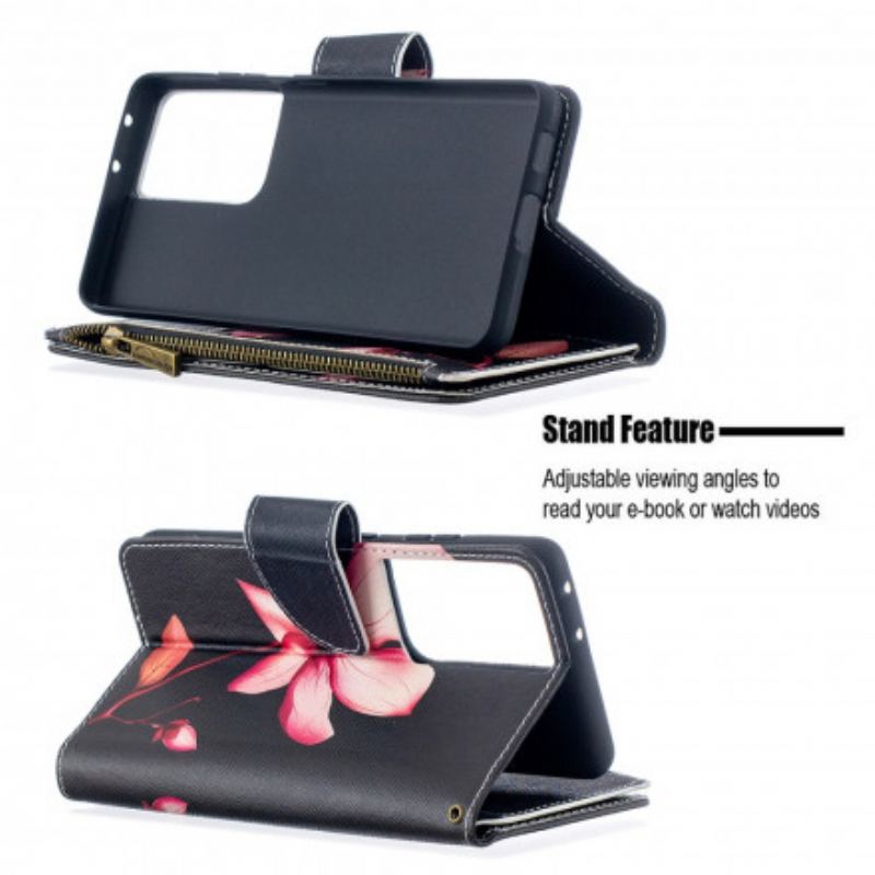 Capa Flip Para Samsung Galaxy S21 Ultra 5G Bolso Com Zíper Flor