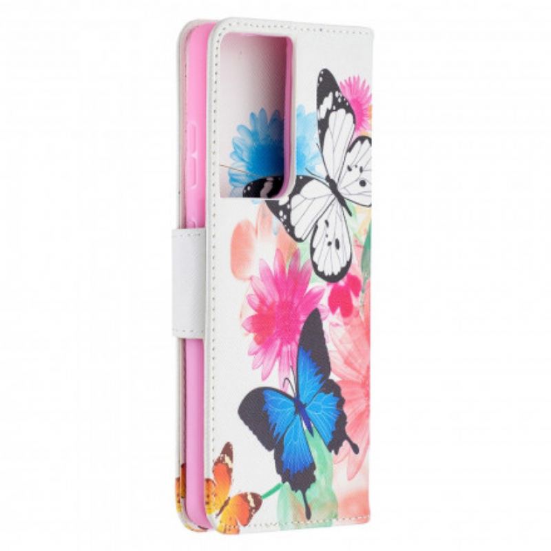 Capa Flip Para Samsung Galaxy S21 Ultra 5G Borboletas E Flores Pintadas