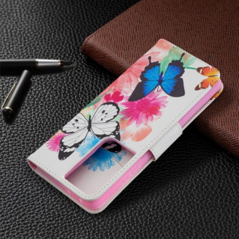 Capa Flip Para Samsung Galaxy S21 Ultra 5G Borboletas E Flores Pintadas