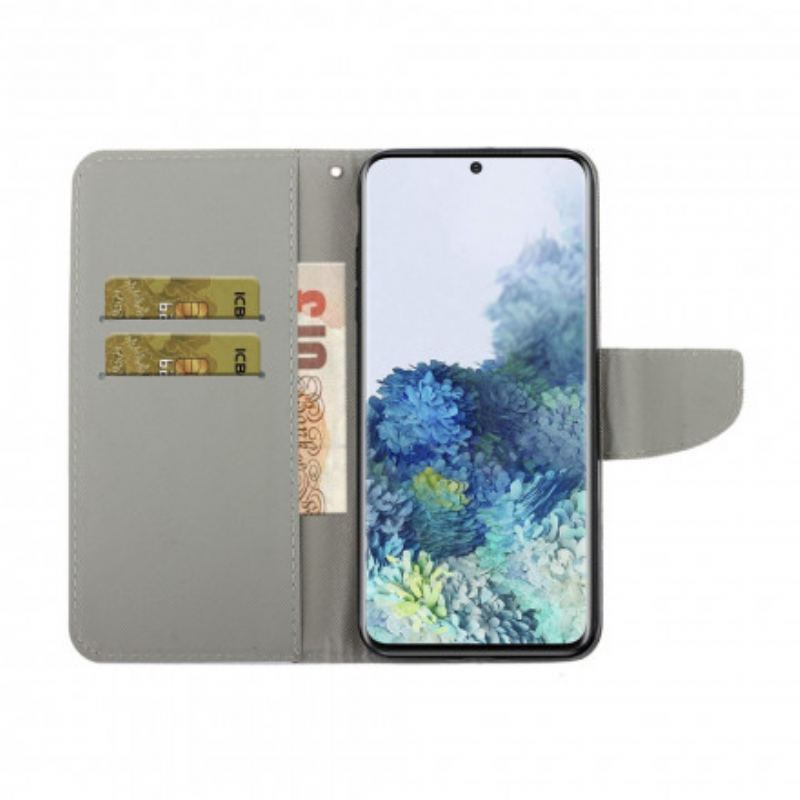 Capa Flip Para Samsung Galaxy S21 Ultra 5G De Cordão Flores Coloridas Com Tiras