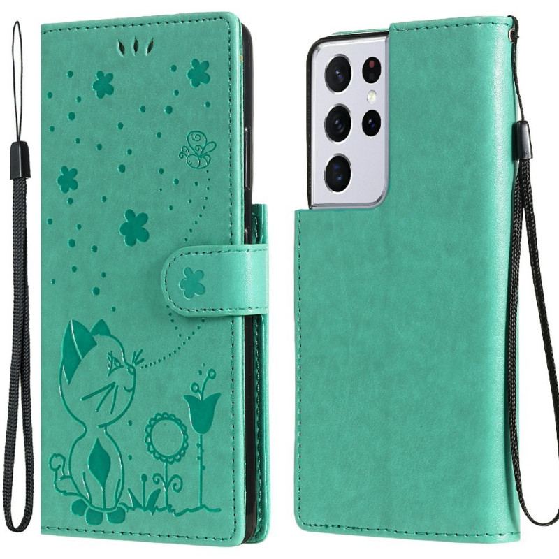 Capa Flip Para Samsung Galaxy S21 Ultra 5G De Cordão Gato E Abelha Com Cordão