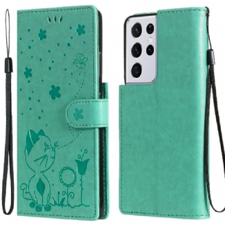 Capa Flip Para Samsung Galaxy S21 Ultra 5G De Cordão Gato E Abelha Com Cordão