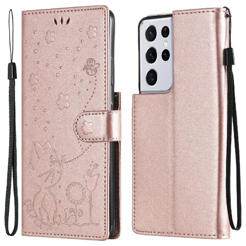 Capa Flip Para Samsung Galaxy S21 Ultra 5G De Cordão Gato E Abelha Com Cordão