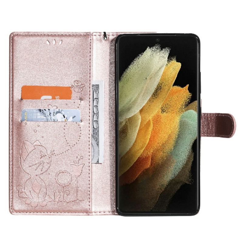 Capa Flip Para Samsung Galaxy S21 Ultra 5G De Cordão Gato E Abelha Com Cordão