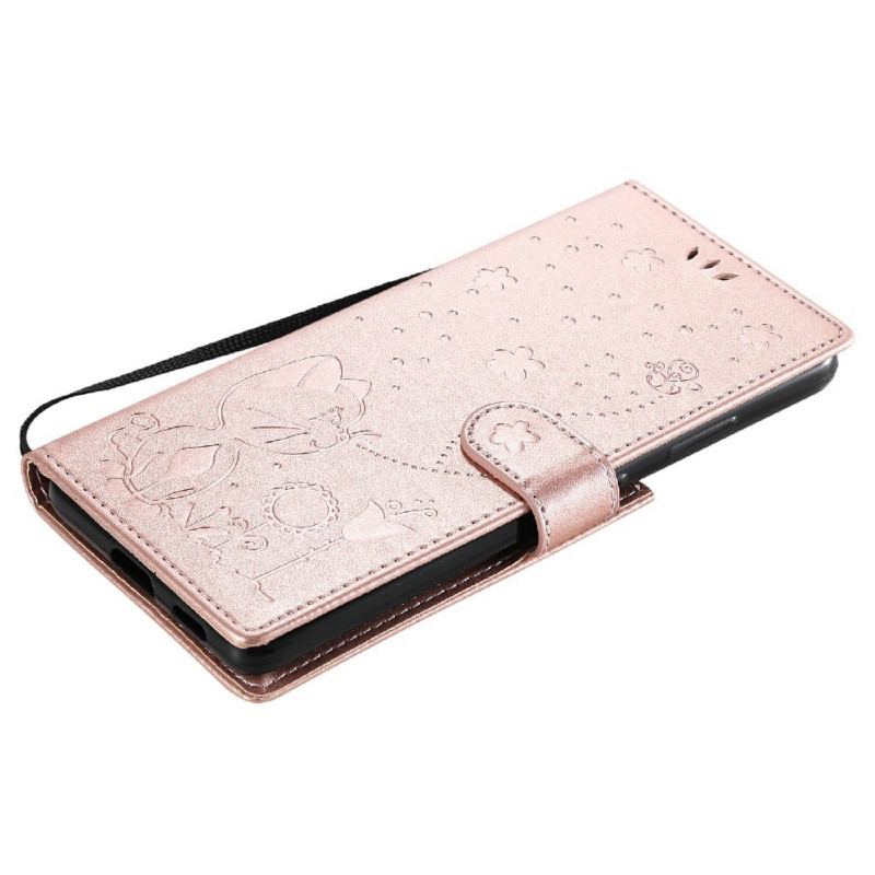 Capa Flip Para Samsung Galaxy S21 Ultra 5G De Cordão Gato E Abelha Com Cordão