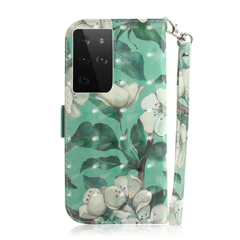 Capa Flip Para Samsung Galaxy S21 Ultra 5G De Cordão Ramo Florido Com Alça