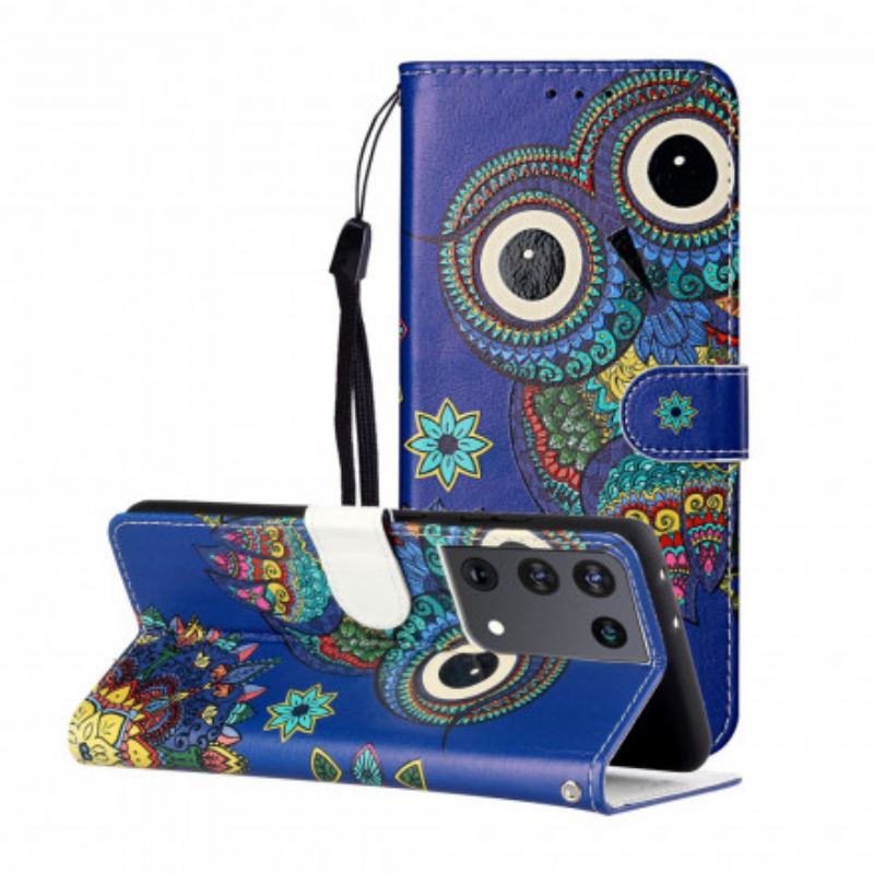 Capa Flip Para Samsung Galaxy S21 Ultra 5G Coruja Em Mandala