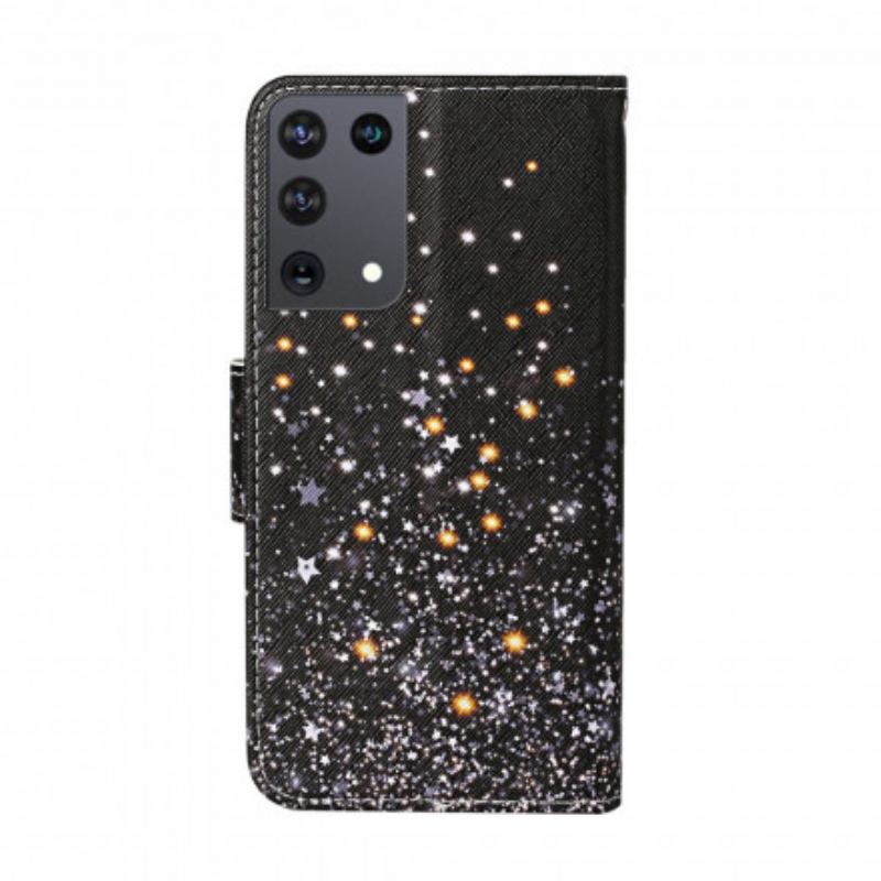 Capa Flip Para Samsung Galaxy S21 Ultra 5G Estrelas E Lantejoulas Com Cordão