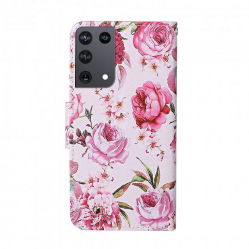 Capa Flip Para Samsung Galaxy S21 Ultra 5G Flores Magistrais Com Alça