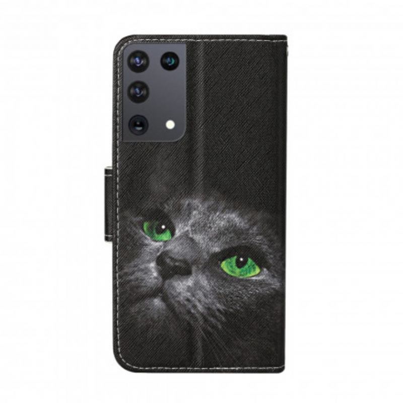 Capa Flip Para Samsung Galaxy S21 Ultra 5G Gato De Olhos Verdes Com Cordão