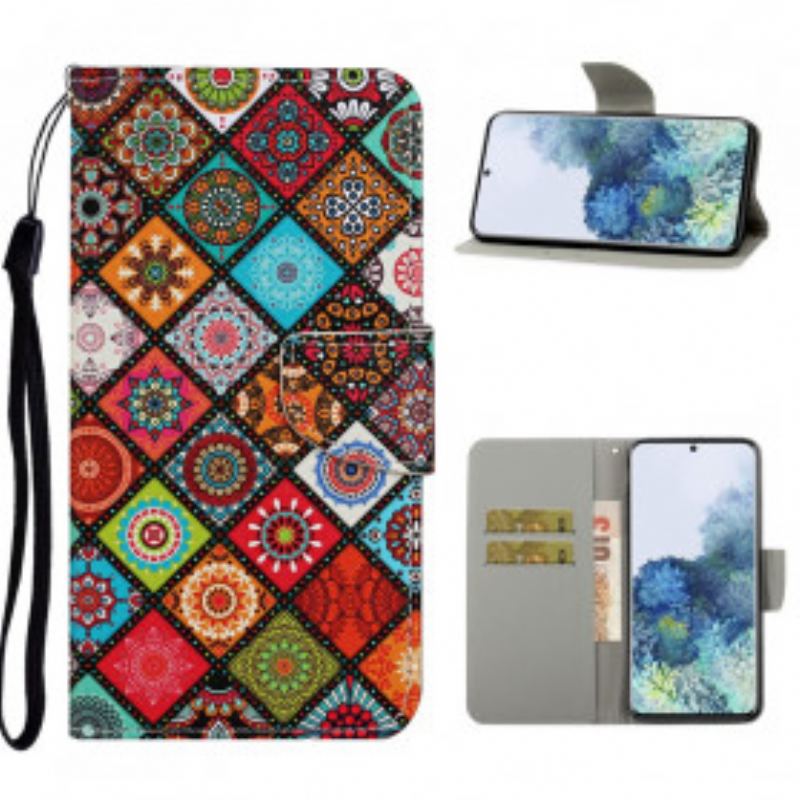 Capa Flip Para Samsung Galaxy S21 Ultra 5G Mandalas De Patchwork Com Cordão