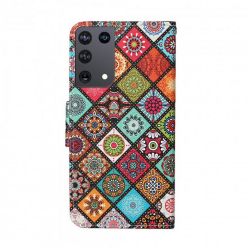 Capa Flip Para Samsung Galaxy S21 Ultra 5G Mandalas De Patchwork Com Cordão