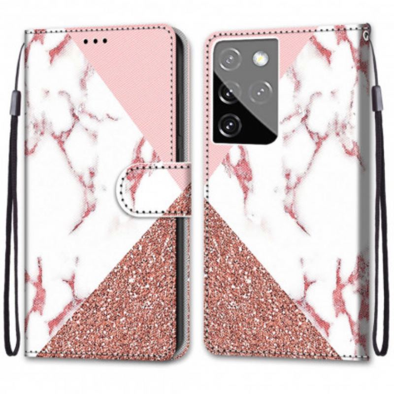 Capa Flip Para Samsung Galaxy S21 Ultra 5G Triângulo De Mármore E Glitter