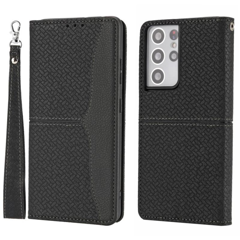 Capa Folio Para Samsung Galaxy S21 Ultra 5G De Cordão Estilo De Couro Trançado Com Tiras